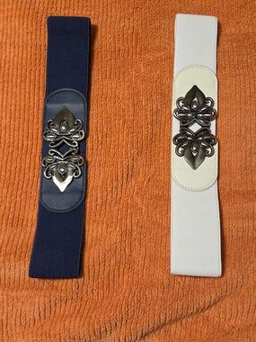 Stretch Waist Belt Duo with Ornate Metal Buckles - White & Navy NWOT